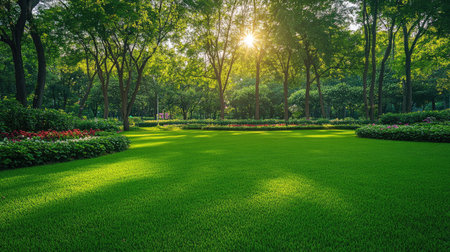 Expansive green lawn in a public park, dotted with trees and flower bedsの素材