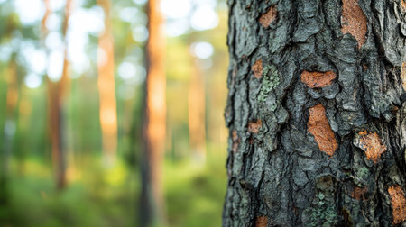 Close-up of a pine tree trunk with textured bark in a green forestの素材