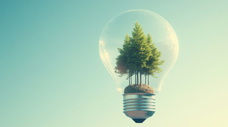 Light bulb with a tiny forest inside, symbolizing renewable energy and the achievement of environmental business goals, against a clear skyの素材