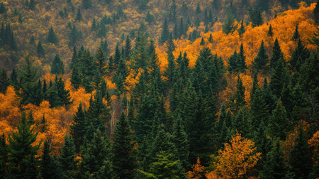 Green pine forest in autumn, with hints of orange and yellow leavesの素材