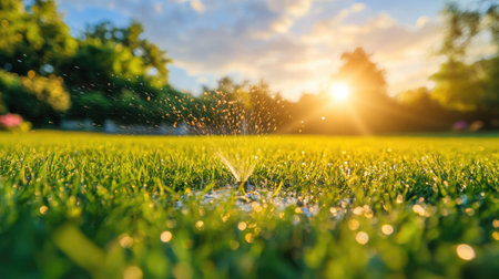 Green lawn with a sprinkler system watering the grass on a sunny dayの素材