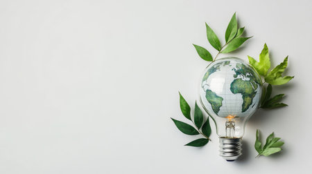 Light bulb with a globe and green leaves, illustrating global renewable energy and environmental protection, on a white backgroundの素材