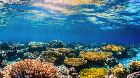 Healthy coral reef teeming with vibrant marine life and clear blue waterの素材