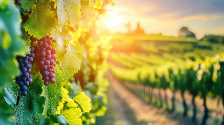 Picturesque vineyard with rows of grapevines under a bright, sunny skyの素材