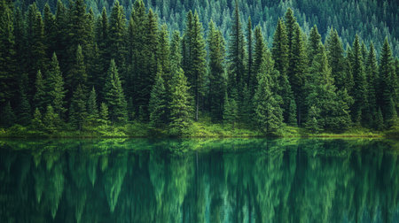 Green pine forest by a calm lake, with reflections of the trees on the waterの素材