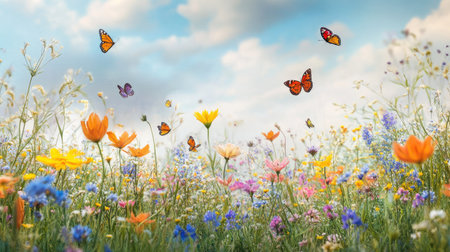 Idyllic meadow filled with colorful wildflowers and butterflies in springの素材