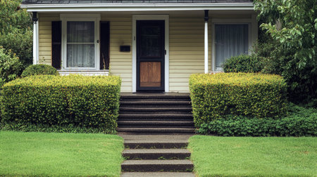 Manicured green lawn beside a one-story house with a charming front door and stepsの素材