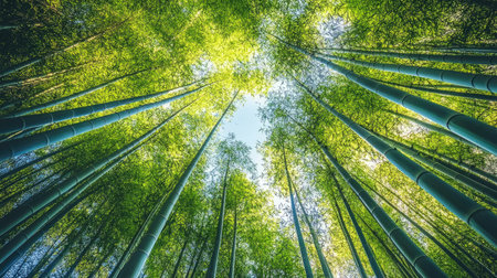 Peaceful bamboo forest with tall, slender stalks reaching towards the skyの素材