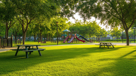 Lush green lawn with a children's playground and picnic tables in a public parkの素材