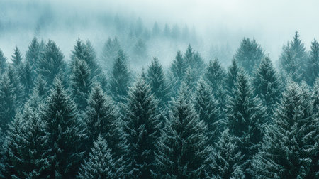 Snow-dusted green pine forest in winter, creating a serene landscapeの素材
