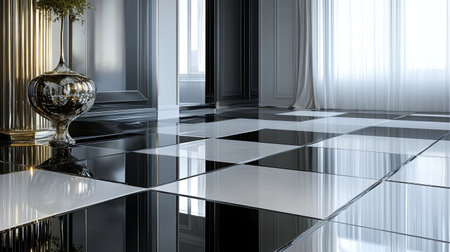 Modern, sleek floor tile pattern with metallic accents, adding a touch of glamourの素材