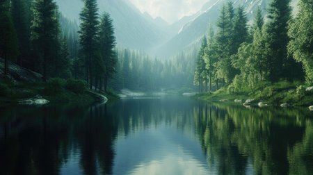 Picturesque lake surrounded by dense forest and reflections of the sky and treesの素材