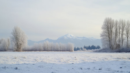 Snow-covered landscape with frosty trees and a distant mountain rangeの素材