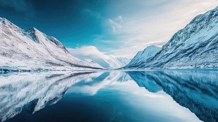 Stunning northern lights reflecting on a calm fjord surrounded by snowy mountainsの素材
