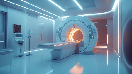 High-tech MRI machine in a modern medical facility, ready for a scanの素材