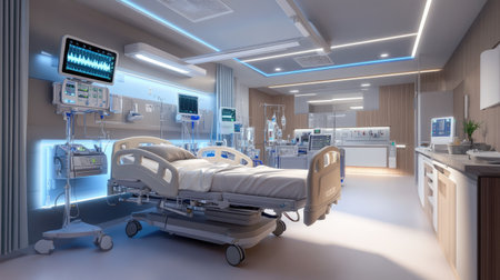 Modern ICU room with advanced life-support systemsの素材