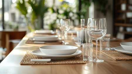 Modern dining table with a minimalist setting, featuring white plates and clear glasswareの素材