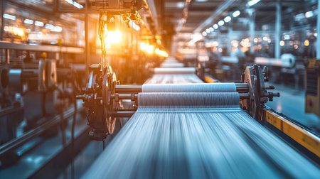High-tech textile machinery weaving fabric in a modern clothing manufacturing facilityの素材