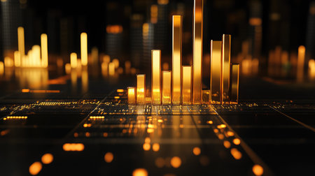 Shiny gold bar chart with a positive trend on a black backdropの素材