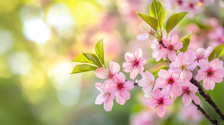 Detailed view of cherry blossoms, focusing on the delicate pink petals and the lush green background of a sunny dayの素材