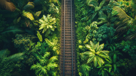 Beautiful train line cutting through lush jungle, surrounded by vibrant greenery and tropical plantsの素材