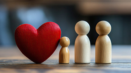 Wooden dolls and a red heart symbolizing love and family, with a clear background and copy space for relationship-themed contentの素材