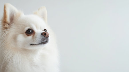 Adorable white Pomeranian dog in a portrait style, set against a white background with space to insert text or messagesの素材
