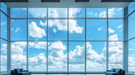 Through floor-to-ceiling windows, a clear view of the outdoor sky and clouds, bringing natural light and a sense of opennessの素材