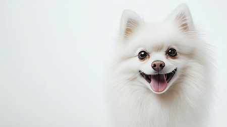 Portrait of a sweet white Pomeranian on a white background, with room for text to highlight the dog's endearing qualitiesの素材