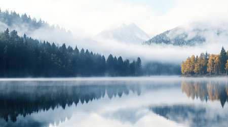 Calm morning mist over a quiet lake with reflections of trees and mountainsの素材