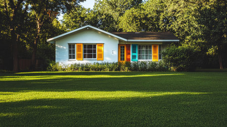 Green lawn beside a one-story house with a white exterior and colorful shuttersの素材