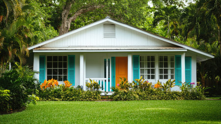 Green lawn beside a one-story house with a white exterior and colorful shuttersの素材