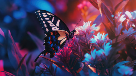 Close-up of a butterfly on a vibrant flower, representing delicate ecosystemsの素材