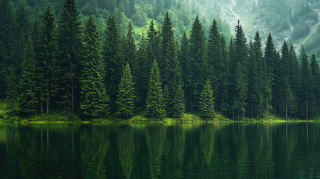 Green pine forest by a calm lake, with reflections of the trees on the waterの素材