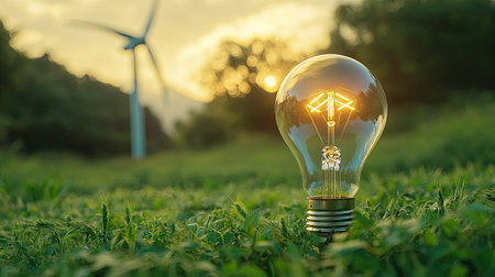 Light bulb with a wind turbine inside, representing green energy and environmental protection, on a green field backgroundの素材
