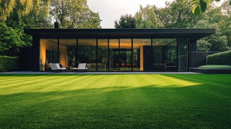 Perfectly trimmed green lawn in front of a modern glass house with patio furnitureの素材