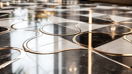 Modern, sleek floor tile pattern with metallic accents, adding a touch of glamourの素材