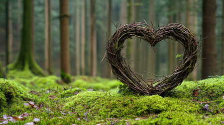 A woven heart of twigs placed on green moss in a vibrant forest.の素材