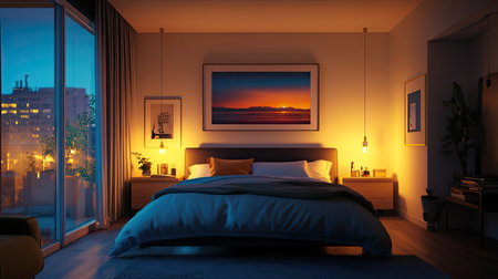 Cozy bedroom with a neatly made bed, soft lighting, and stylish decor, perfect for a relaxing and comfortable retreat.の素材