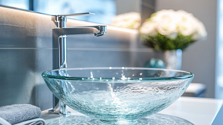 Close-up of a glass vessel sink with an elegant faucet, set in a luxurious bathroom with contemporary design elements.の素材