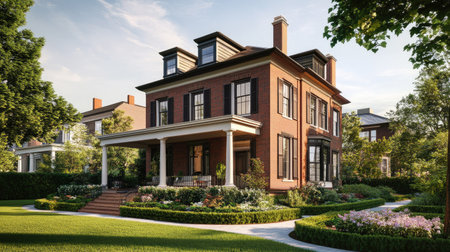 Traditional townhouse with brick facade, charming porch, and neatly landscaped garden, representing classic residential architecture.の素材