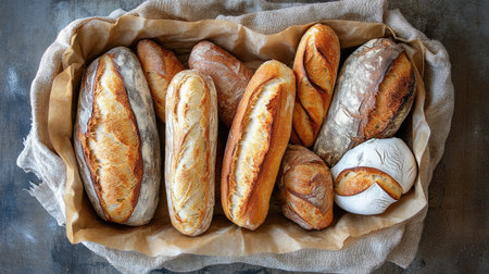 A top view of an assortment of freshly baked bread, including baguettes and rolls, on a rustic table.の素材