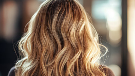 Back view of loose, beachy waves on long blonde hair, with natural highlights catching the sunlightの素材