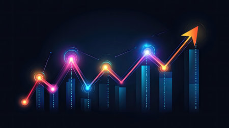 Futuristic trend graphs glowing with interconnected AI neural networks and luminous arrows in dark tones.の素材
