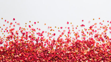 A clean flat lay of festive confetti in red and gold, scattered on a plain white surface with copy space.の素材