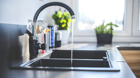 Close-up of a kitchen sink with sparkling clean dishes and a modern faucet, highlighting the functionality of the workspace.の素材