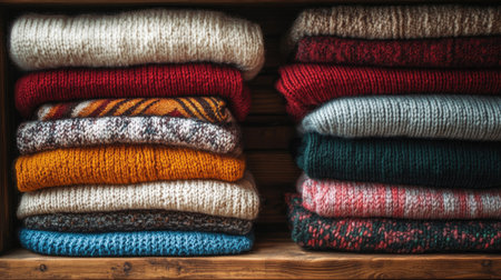 A top view of neatly arranged colorful sweaters stacked on a wooden shelf, showcasing various textures and patterns.の素材