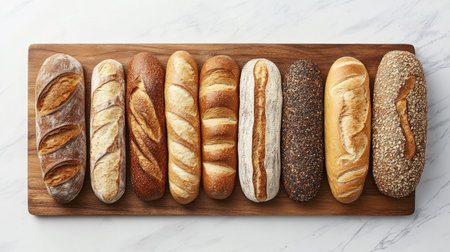 A flat lay of assorted bread loaves, including baguettes and whole grain, arranged on a wooden cutting board.の素材
