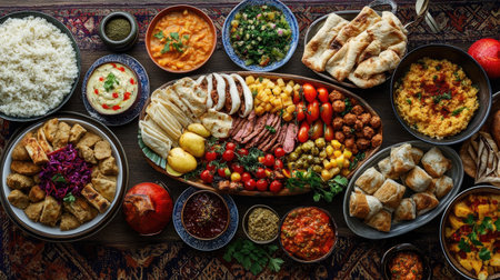 A beautifully arranged food platter featuring traditional dishes from different countries, celebrating global food heritage on World Food Day.の素材