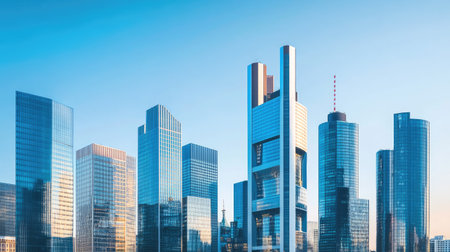 Modern skyscrapers in a city skyline, showcasing sleek glass facades and high-rise architecture against a clear blue sky.の素材